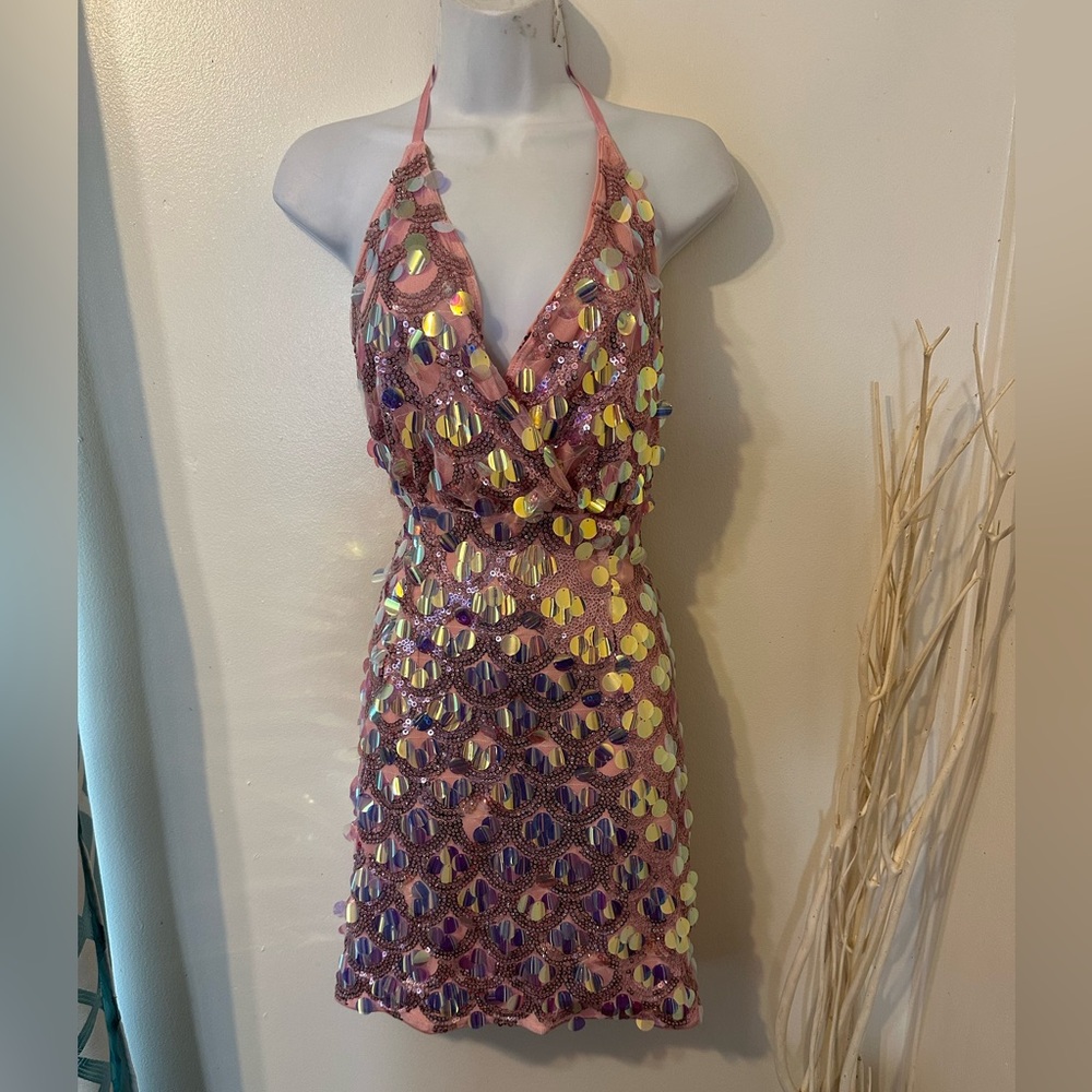 SHEIN Pink Sequin Backless Halter Mini Dress